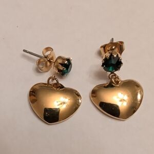 Gold Tone Heart Earrings with Green Gemstone